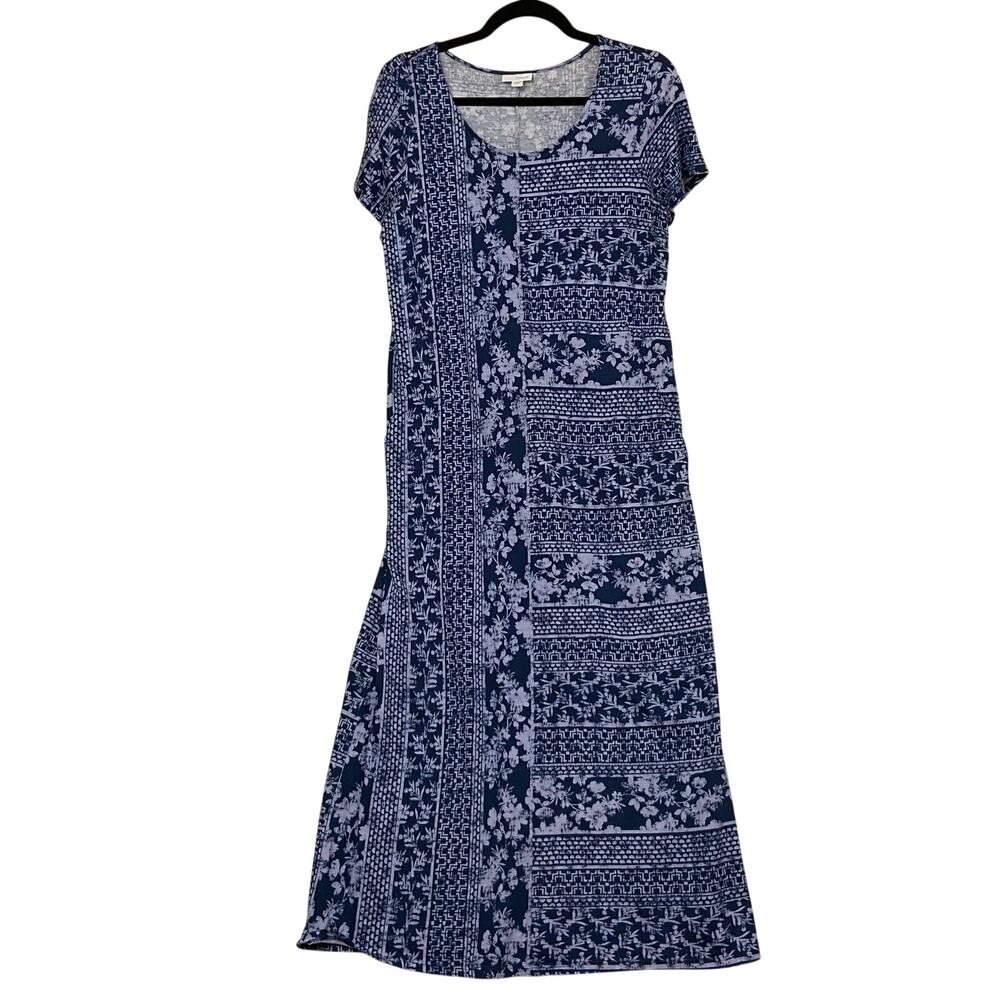 J. Jill Pure Jill Blue Floral Short Sleeve Jersey Knit Maxi Dress Pockets Small